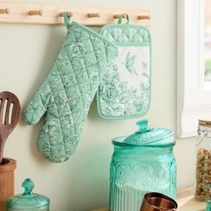 ❤️ The Pioneer Woman Agatha Green Floral Kitchen Oven Mitt And Pot Holder S…